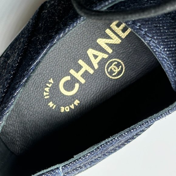 CHANEL 20K Denim Leather Chain Cap Toe Lace Up Oxford Heels Loafers Shoes - Picture 10 of 16